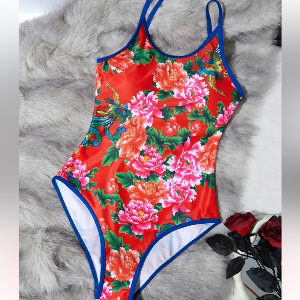 Tropical red floral one piece swimsuit with corset tie open back in size XL